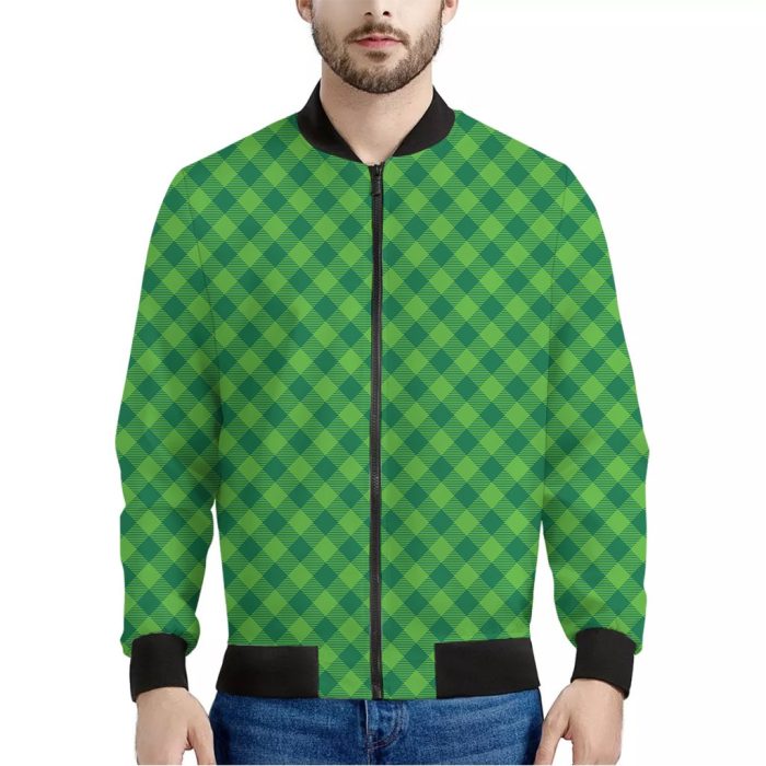 Green St. Patrick's Day Plaid Print Bomber Jacket