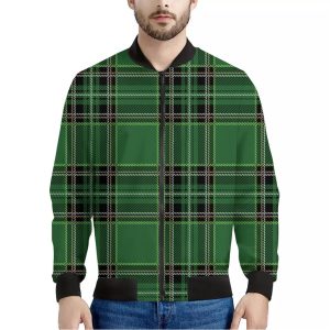 Green Stewart Tartan Pattern Print Bomber Jacket