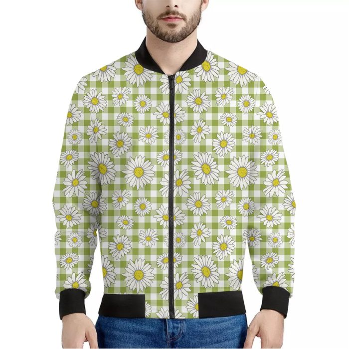 Green Tartan Daisy Pattern Print Bomber Jacket