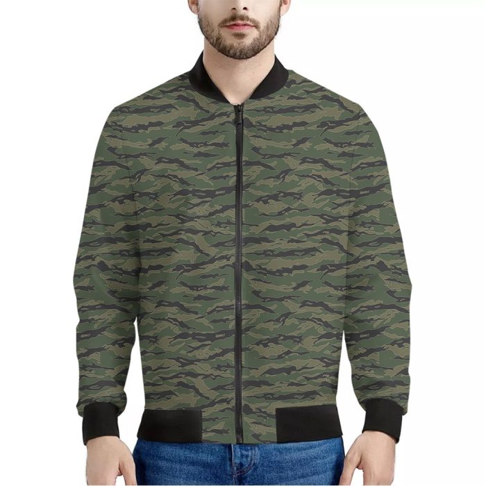 Green Tiger Stripe Camouflage Print Bomber Jacket