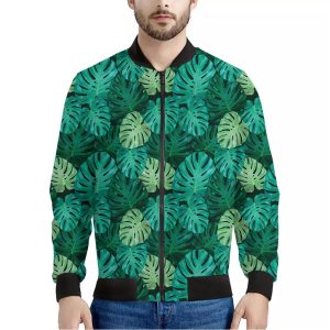 Green Tropical Monstera Pattern Print Bomber Jacket