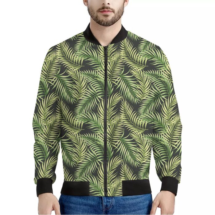 Green Tropical Palm Leaf Pattern Print Bomber Jacket