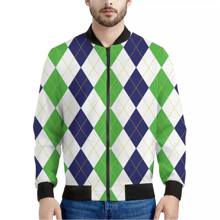 Green White And Navy Argyle Print Bomber Jacket