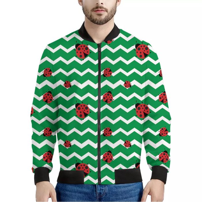 Green Zigzag Ladybird Pattern Print Bomber Jacket