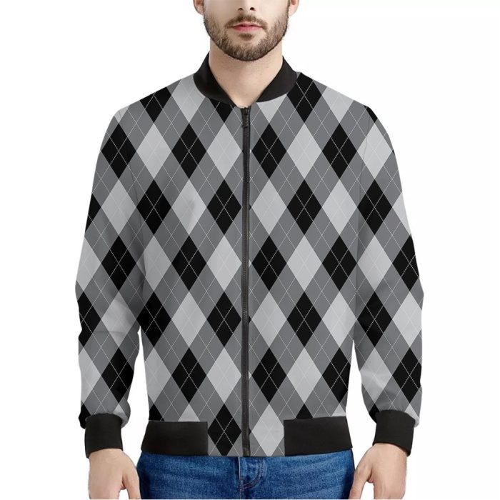 Grey And Black Argyle Pattern Print Bomber Jacket