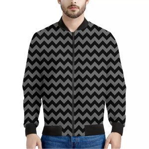 Grey And Black Chevron Pattern Print Bomber Jacket