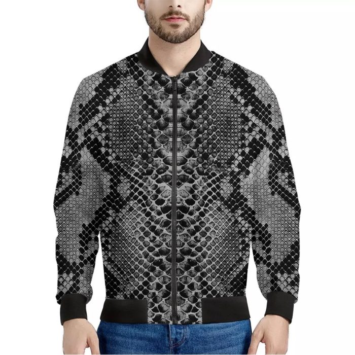 Grey And Black Snakeskin Print Bomber Jacket