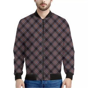 Grey And Orange Plaid Pattern Print Bomber Jacket