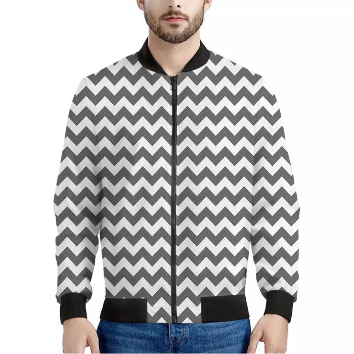 Grey And White Chevron Pattern Print Bomber Jacket