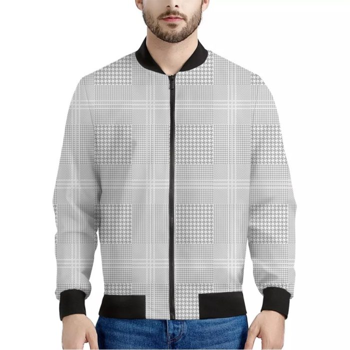 Grey And White Glen Plaid Print Bomber Jacket