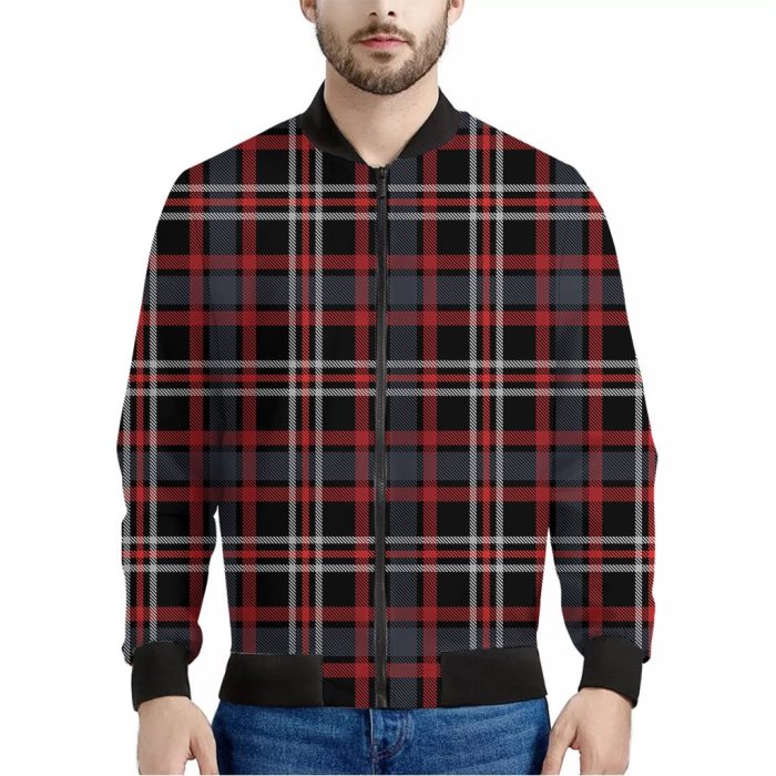 Grey Black And Red Scottish Plaid Print Bomber Jacket