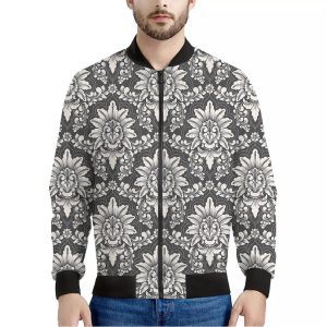 Grey Damask Pattern Print Bomber Jacket