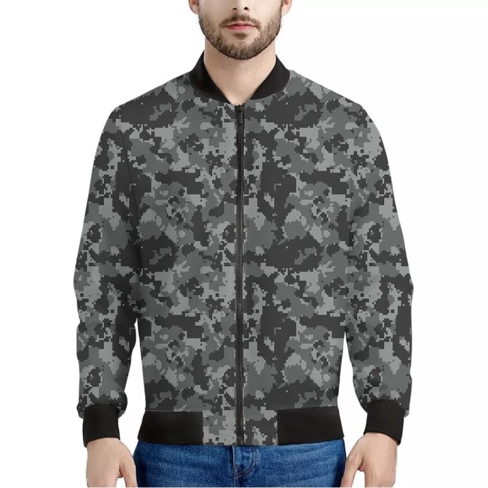 Grey Digital Camo Pattern Print Bomber Jacket