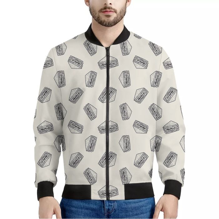 Grey Doodle Sandwich Pattern Print Bomber Jacket