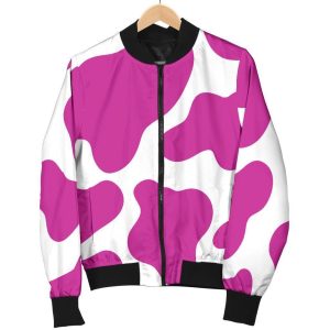 Hot Pink And White Cow Print Bomber Jacket