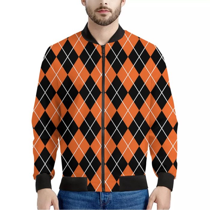 Orange And Black Argyle Print Bomber Jacket