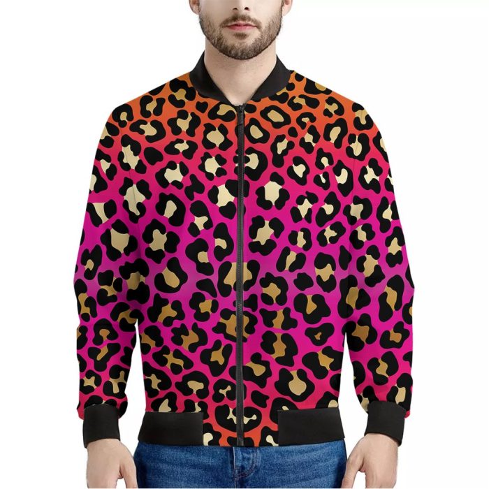 Orange And Purple Leopard Print Bomber Jacket