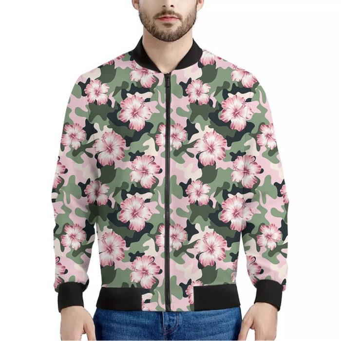 Pink Hibiscus Flower Camouflage Print Bomber Jacket