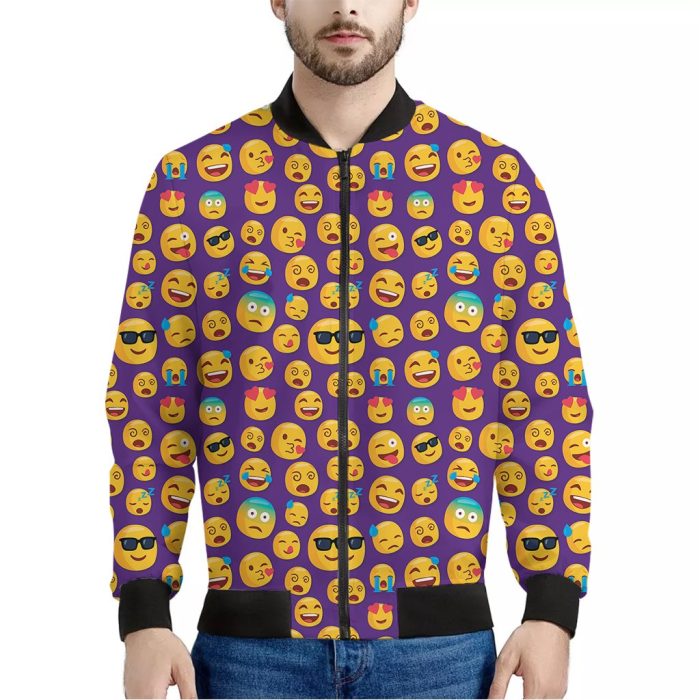 Purple Emoji Pattern Print Bomber Jacket