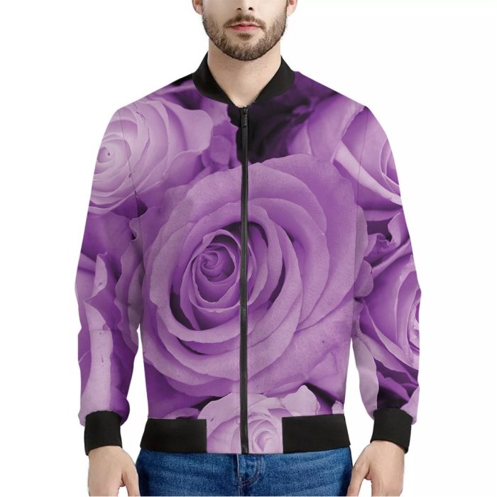 Purple Rose Print Bomber Jacket