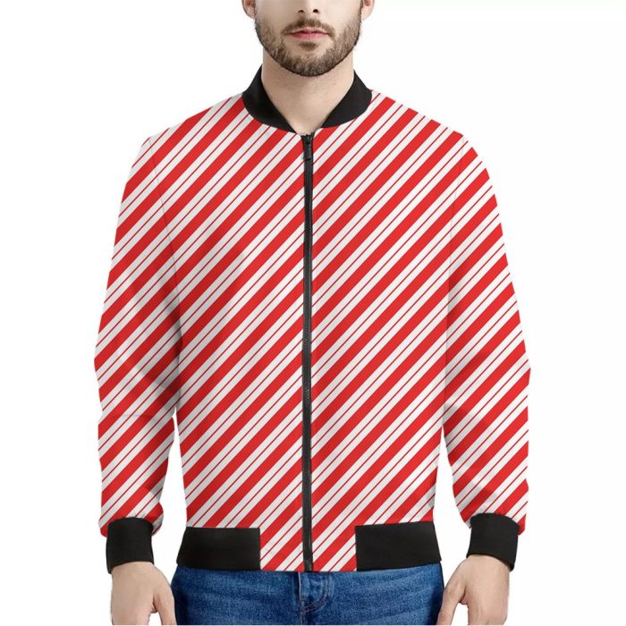 Red And White Candy Cane Stripes Print Bomber Jacket