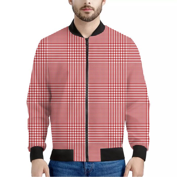 Red And White Glen Plaid Print Bomber Jacket