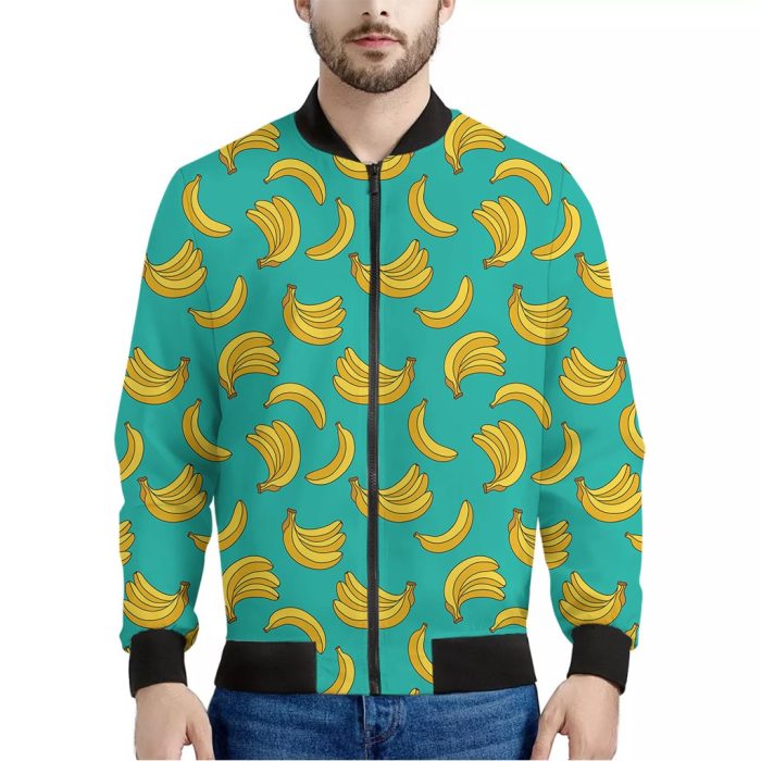 Teal Banana Pattern Print Bomber Jacket