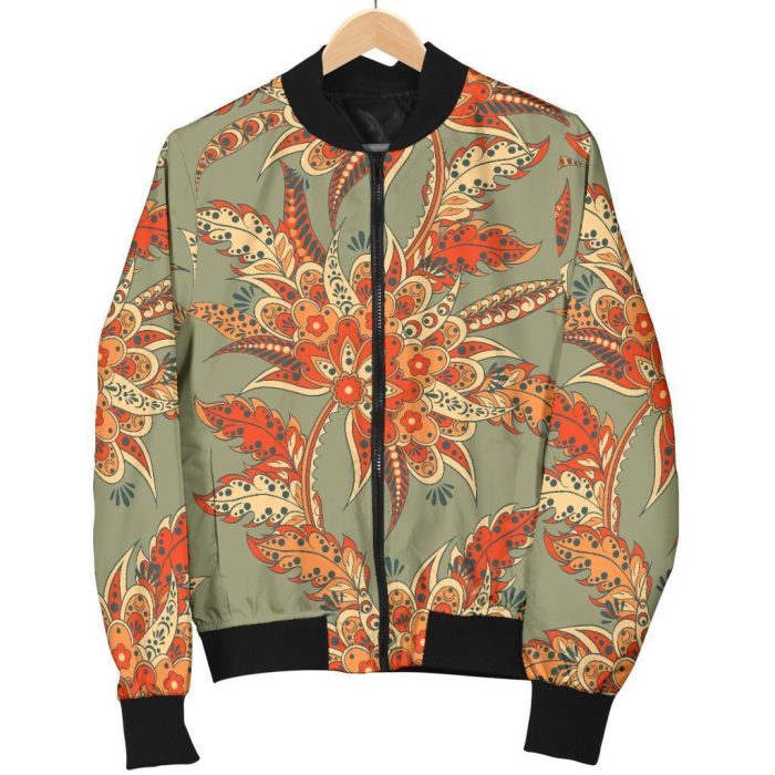 Vintage Orange Bohemian Floral Print Bomber Jacket