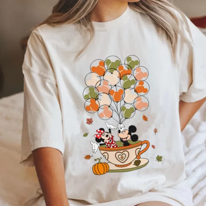 Mickey Minnie Fall Color Balloons Tea Cup Happy Thanksgiving Kid Tee - Unisex T-Shirt