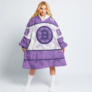 Custom NHL Boston Bruins Lavender Hockey Fights Cancer Oodie Blanket Hoodie Wearable Blanket