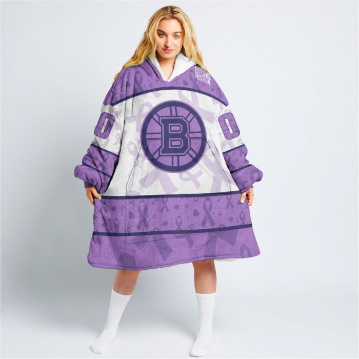 Custom NHL Boston Bruins Lavender Hockey Fights Cancer Oodie Blanket Hoodie Wearable Blanket