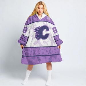 Custom NHL Calgary Flames Lavender Hockey Fights Cancer Oodie Blanket Hoodie Wearable Blanket