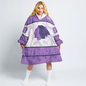Custom NHL Chicago Blackhawks Lavender Hockey Fights Cancer Oodie Blanket Hoodie Wearable Blanket