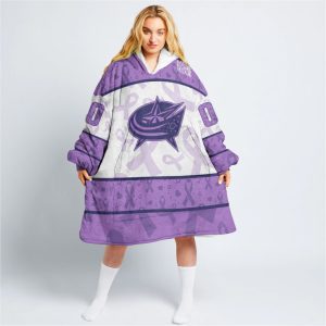 Custom NHL Columbus Blue Jackets Lavender Hockey Fights Cancer Oodie Blanket Hoodie Wearable Blanket