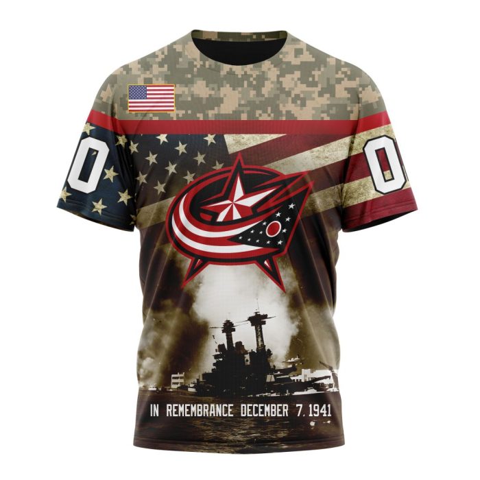 Custom NHL Columbus Blue Jackets Specialized Unisex Kits Remember Pearl Harbor Unisex Tshirt TS3770