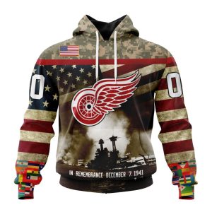 Custom NHL Detroit Red Wings Specialized Unisex Kits Remember Pearl Harbor Unisex Pullover Hoodie