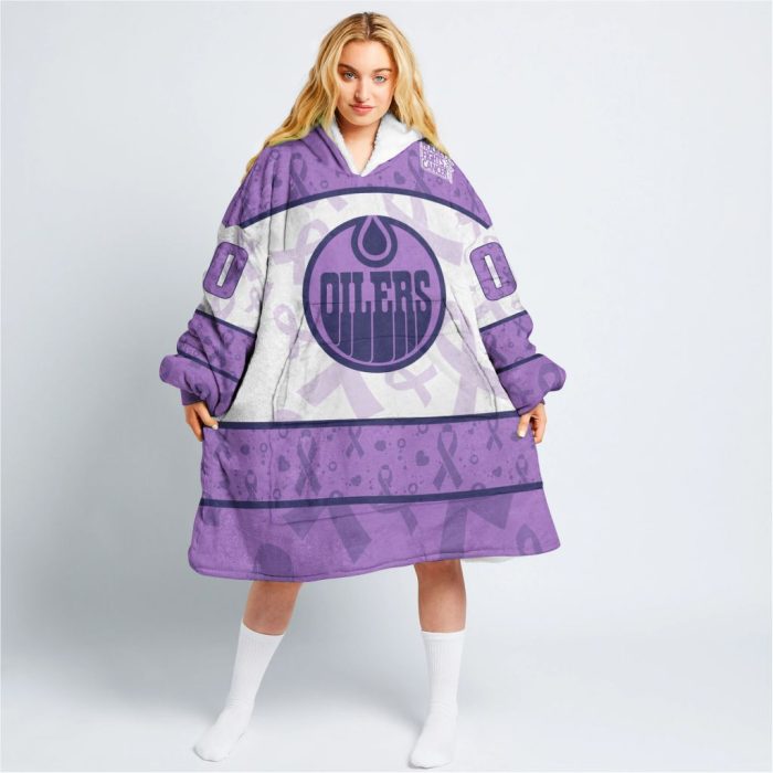 Custom NHL Edmonton Oilers Lavender Hockey Fights Cancer Oodie Blanket Hoodie Wearable Blanket