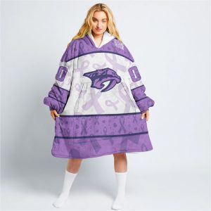 Custom NHL Nashville Predators Lavender Hockey Fights Cancer Oodie Blanket Hoodie Wearable Blanket