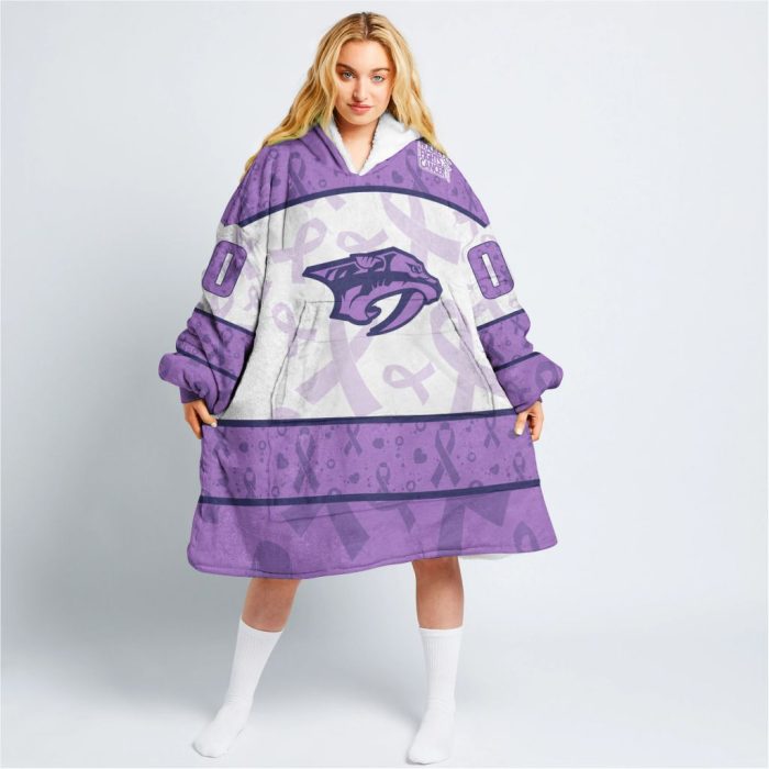 Custom NHL Nashville Predators Lavender Hockey Fights Cancer Oodie Blanket Hoodie Wearable Blanket