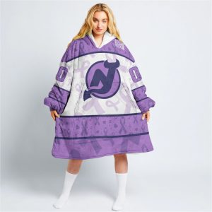 Custom NHL New Jersey Devils Lavender Hockey Fights Cancer Oodie Blanket Hoodie Wearable Blanket