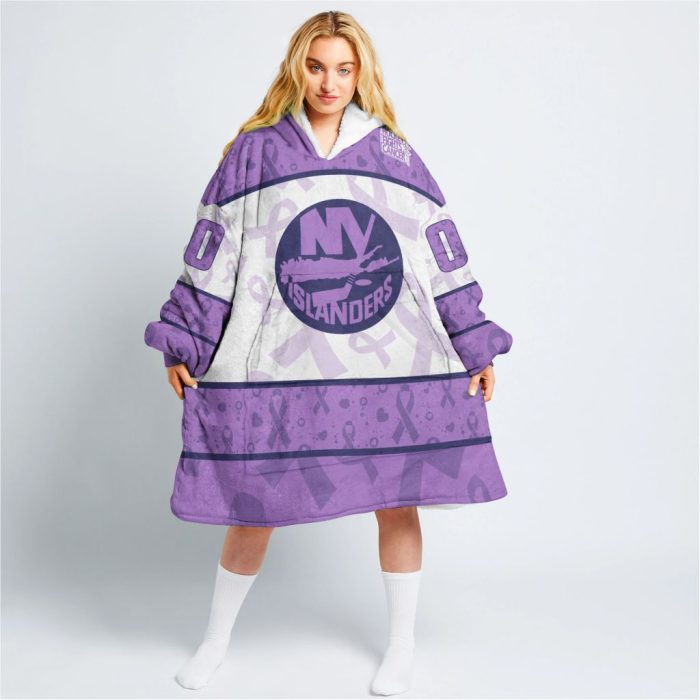 Custom NHL New York Islanders Lavender Hockey Fights Cancer Oodie Blanket Hoodie Wearable Blanket