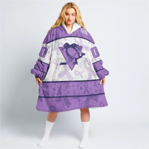 Custom NHL Pittsburgh Penguins Lavender Hockey Fights Cancer Oodie Blanket Hoodie Wearable Blanket