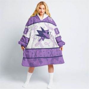 Custom NHL San Jose Sharks Lavender Hockey Fights Cancer Oodie Blanket Hoodie Wearable Blanket