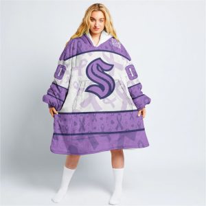 Custom NHL Seattle Kraken Lavender Hockey Fights Cancer Oodie Blanket Hoodie Wearable Blanket