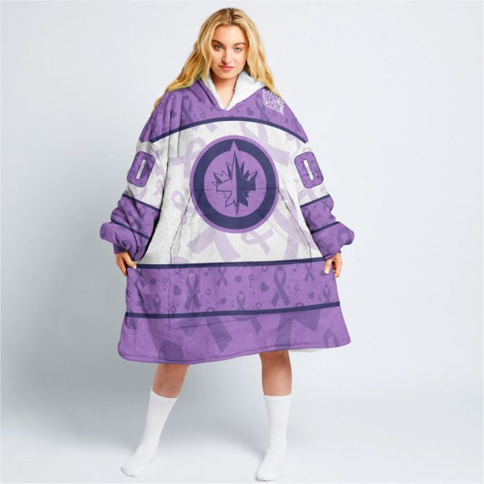 Custom NHL Winnipeg Jets Lavender Hockey Fights Cancer Oodie Blanket Hoodie Wearable Blanket