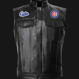 MLB Black Chicago Cubs Black Leather Vest Sleeveless Leather Jacket