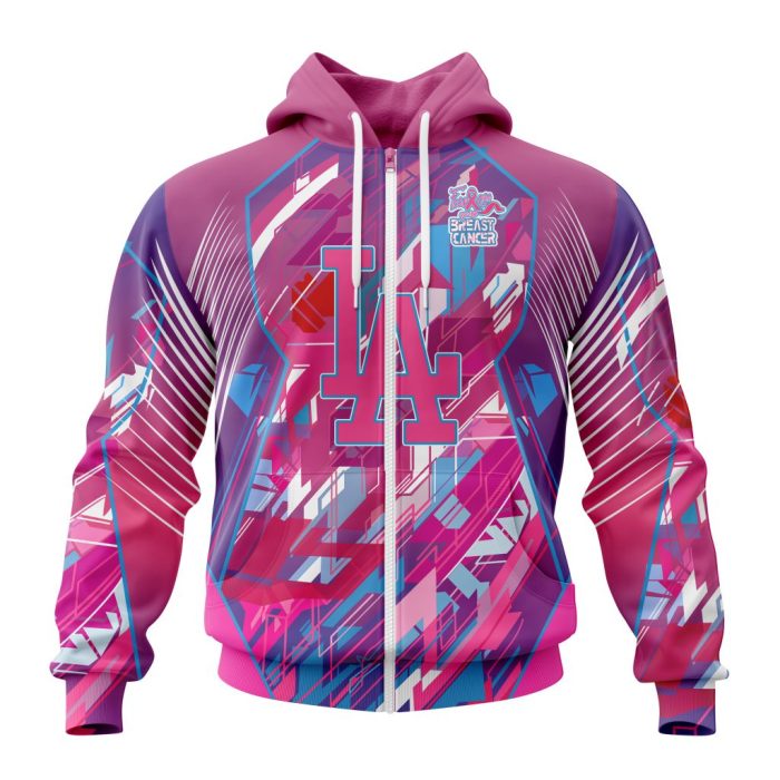 MLB Los Angeles Dodgers Specialized Design I Pink I Can! Fearless Again Breast Cancer Unisex Zip Hoodie