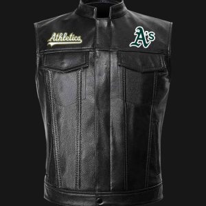 MLB Oakland Athletics Black Leather Vest Sleeveless Leather Jacket