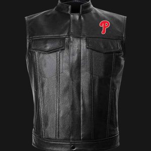 MLB Philadelphia Phillies Black Leather Vest Sleeveless Leather Jacket