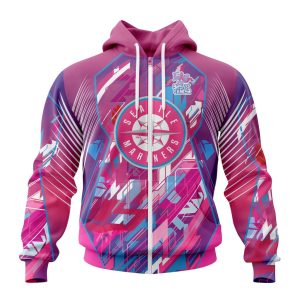 MLB Seattle Mariners Specialized Design I Pink I Can! Fearless Again Breast Cancer Unisex Zip Hoodie